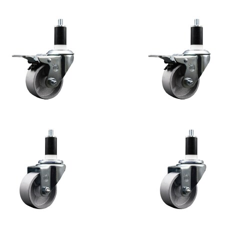 Service Caster 3'' Semi Steel Swivel 1-3/8'' Expanding Stem Caster Set 2 Total Lock Brakes, 4PK SCC-EXTTL20S315-SSR-2-S-2-138